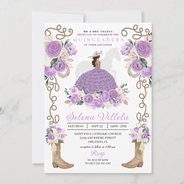 Invitación Charro Púrpura Mujer Quinceañera Occidental (Anverso)