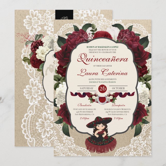 Invitación Charro Quinceanera Borgoña Rojo Cumpleaños Floral (Anverso / Reverso)