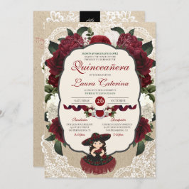 Invitación Charro Quinceanera Borgoña Rojo Cumpleaños Floral