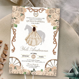 Invitación Charro Quinceanera de Crema Rosa Blanca de Champag