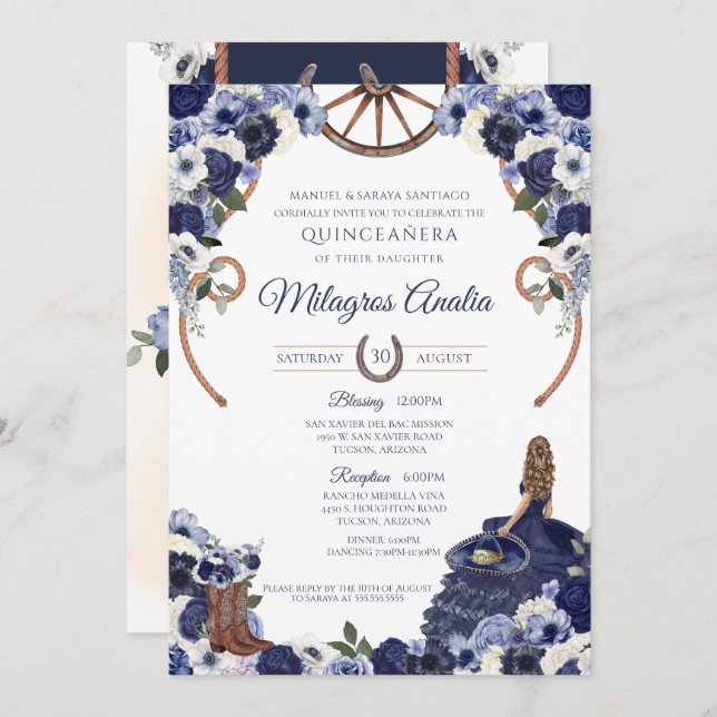 Invitación Charro quinceanera occidental azul de la Marina Ru (Anverso / Reverso)