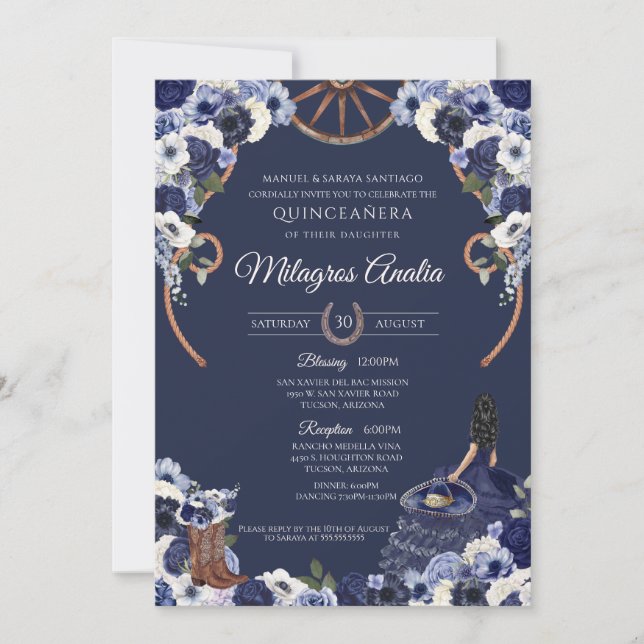 Invitación Charro quinceanera occidental azul de la Marina Ru (Anverso)