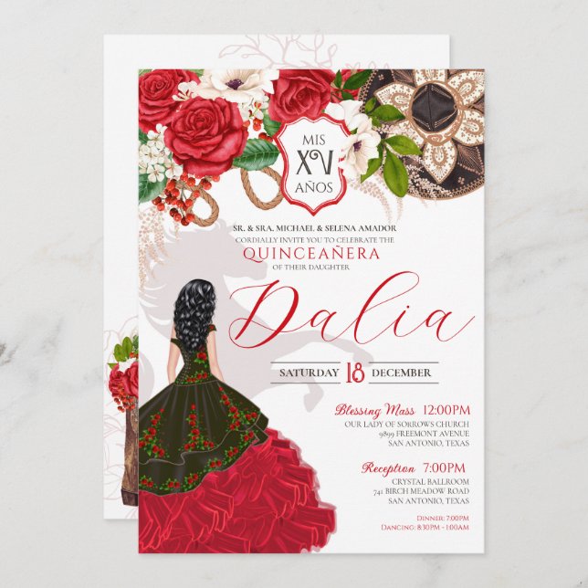 Invitación Charro Quinceañera Red Rose Western Princess Gown (Anverso / Reverso)