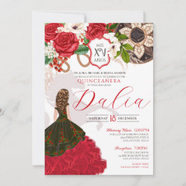 Invitación Charro Quinceañera Red Roses Floral Escudo Occiden