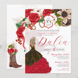 Invitación Charro Quinceañera Red Roses Floral Escudo Occiden