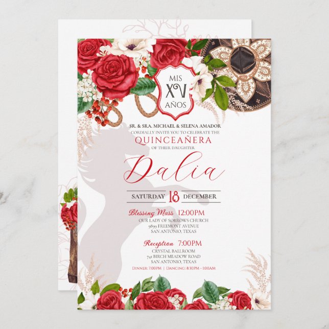 Invitación Charro Quinceañera, Rosa del Escudo Floral Rojo (Anverso / Reverso)