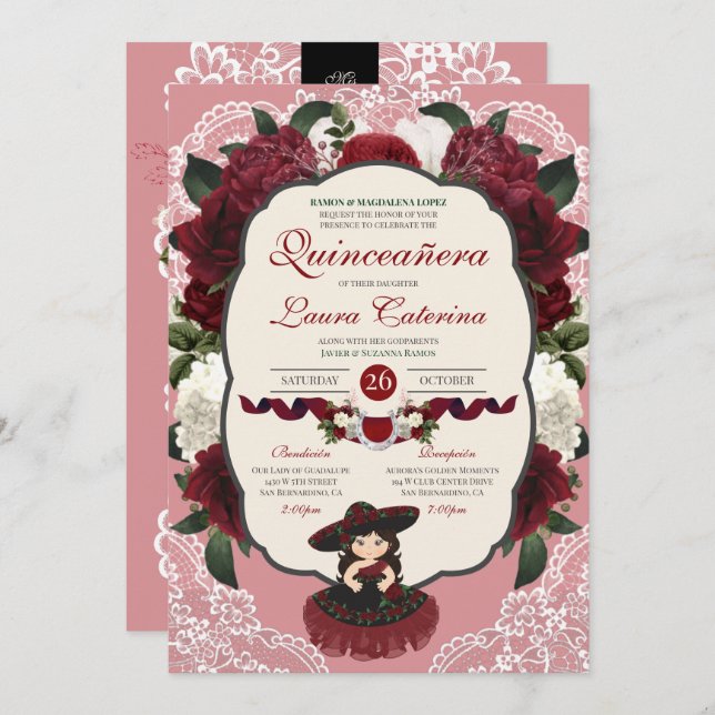 Invitación Charro Quinceanera, Rosa floral rojo de Borgoña (Anverso / Reverso)