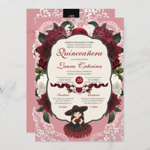 Invitación Charro Quinceanera, Rosa floral rojo de Borgoña