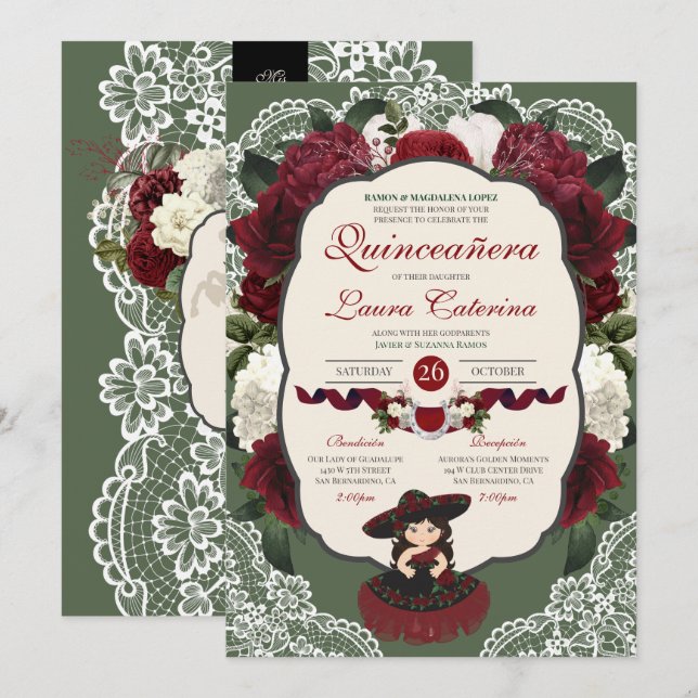 Invitación Charro Quinceanera, Rosa floral verde borgoñés (Anverso / Reverso)