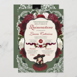 Invitación Charro Quinceanera, Rosa floral verde borgoñés