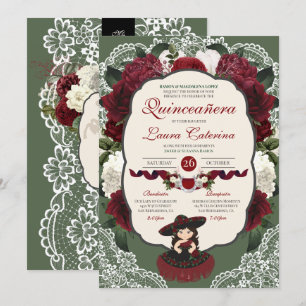 Invitación Charro Quinceanera, Rosa floral verde borgoñés