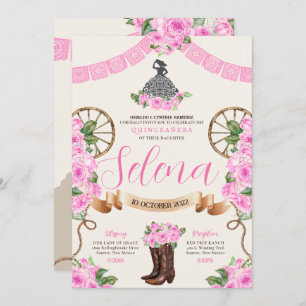 Invitación Charro rosa Quinceanera Papel Picado Rosa occident