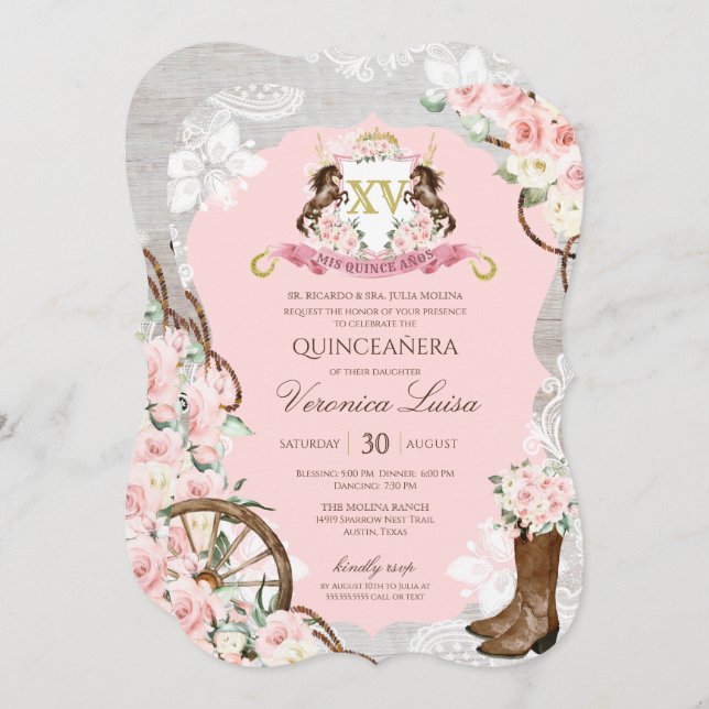 Invitación Charro rosa ruso Quinceanera (Anverso / Reverso)