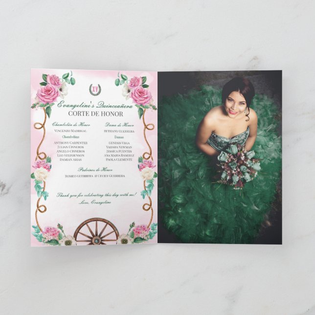 Invitación Charro rosa verde esmeralda Quinceanera Añadir fot (Interior)