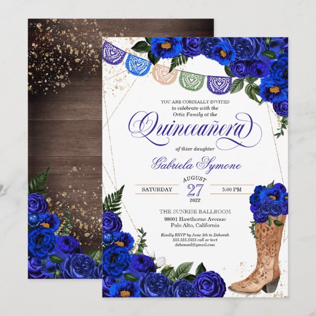 Invitación Charro Rustic Cowgirl Boots Rosas azules Quinceañe (Anverso / Reverso)