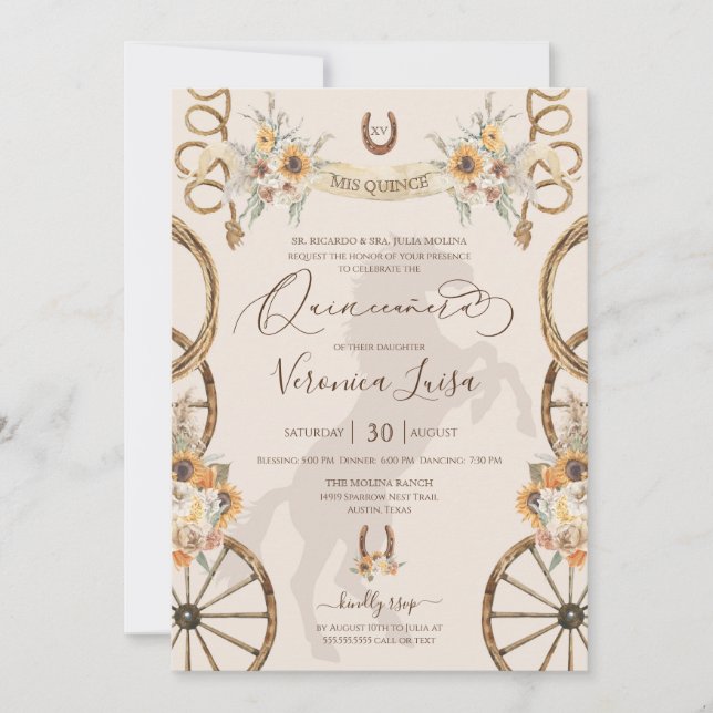 Invitación Charro Rústico Sunflowers & Boho Floral Quinceañer (Anverso)