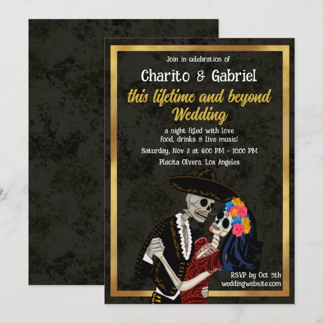 Invitación Charro y Catrina Sugar Skulls Boda bailarín (Anverso / Reverso)
