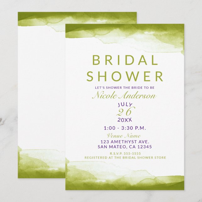 Invitación Chartreuse Green Watercolor Moda Bridal Shower (Anverso / Reverso)