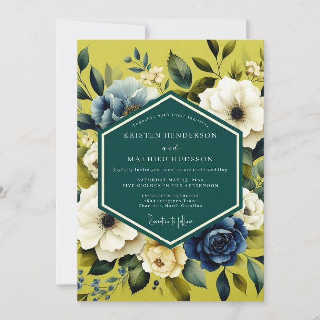Invitación Chartreuse Indigo Bloom Wedding (Anverso)