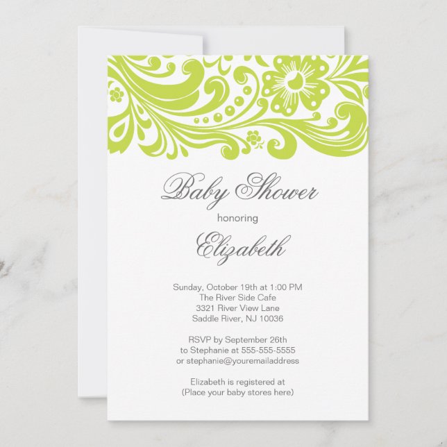 Invitación Chartreuse moderno Swirl Floral Verde Baby Shower (Anverso)