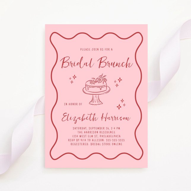 Invitación Chasis de tramas de marea roja rosada de moda, duc (Whimsical pink + red bridal brunch shower invitation to set the tone for an unforgettable event)