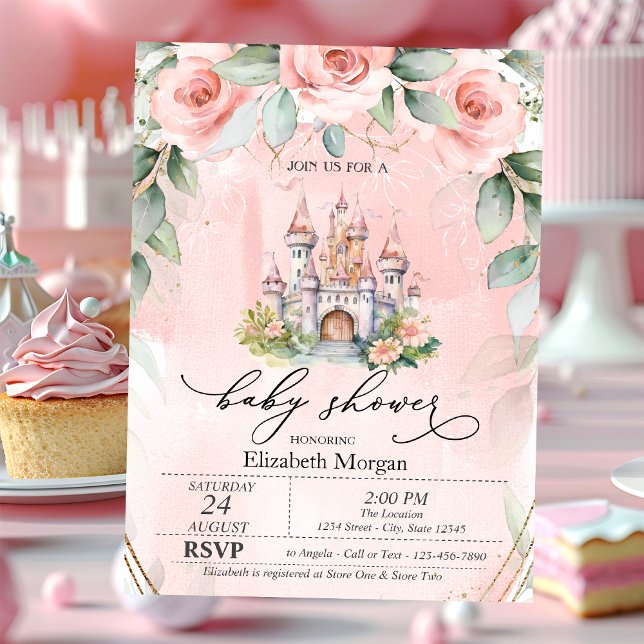Invitación Château Floral Rosas Rosadas Baby Shower  (Subido por el creador)