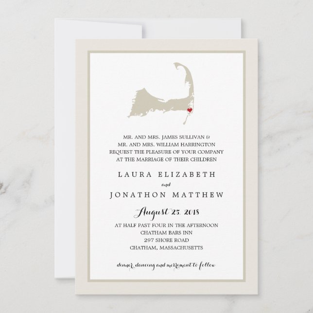 Invitación Chatham Cape Cod Map con corazón | BODA (Anverso)