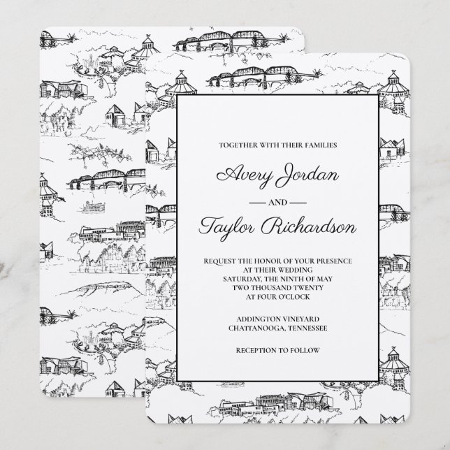 Invitación Chattanooga Toile Negro y Blanco (Anverso / Reverso)