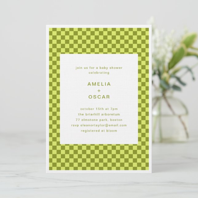 Invitación Checkerboard Lime Olive Retro Couples Baby Shower (Anverso de pie)