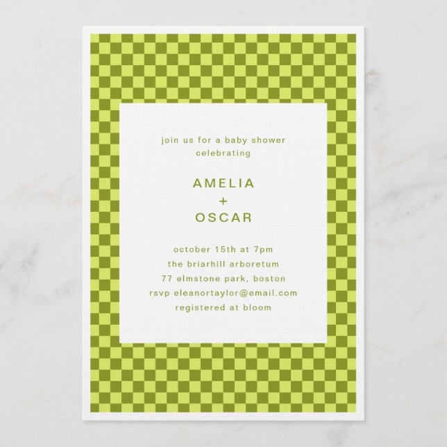 Invitación Checkerboard Lime Olive Retro Couples Baby Shower (Anverso)
