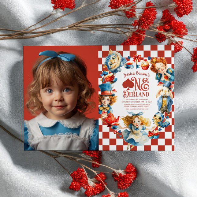 Invitación Checkered Alice in ONEDERLAND 1st Birthday Photo (Subido por el creador)