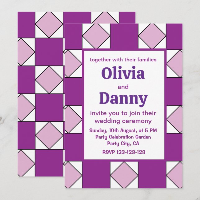 Invitación Checkers Purple Square Diamond Checkers Boda (Anverso / Reverso)