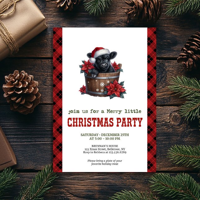 Invitación Cheerful highland cow invite red poinsettia charm (Cheerful highland cow invite red poinsettia charm

)