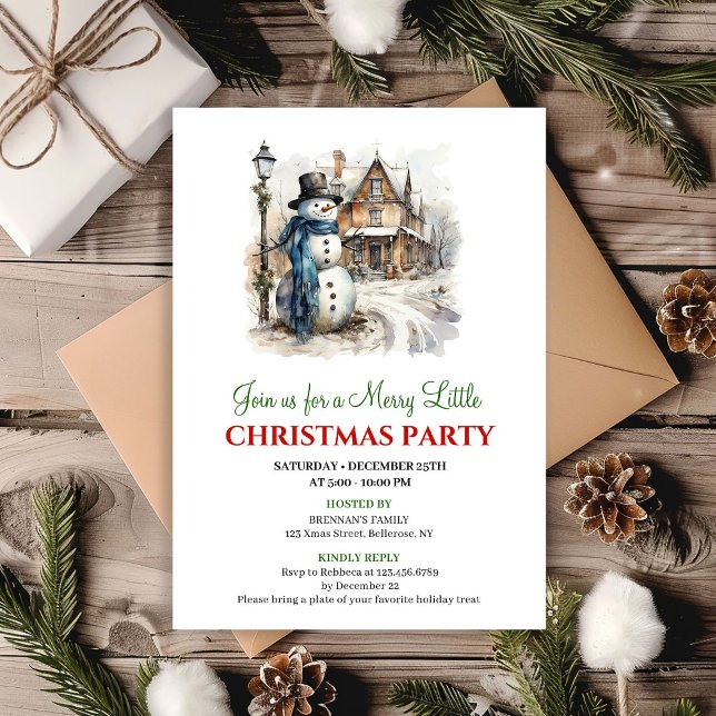 Invitación Cheerful red green winter scene party invite (Cheerful red green winter scene party invite)