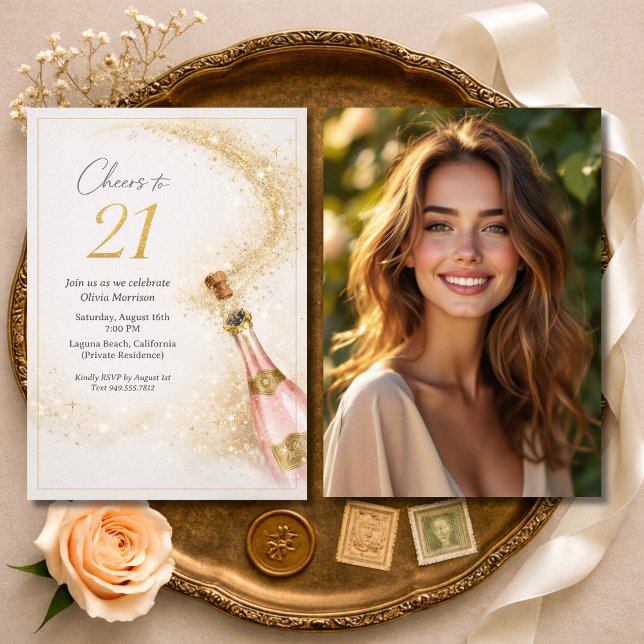 Invitación Cheers 21st Birthday Photo Pink Gold Champagne (Subido por el creador)