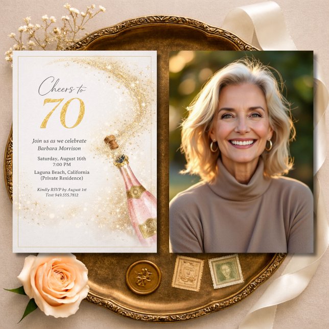 Invitación Cheers 70th Birthday Photo Pink Gold Champagne (Subido por el creador)
