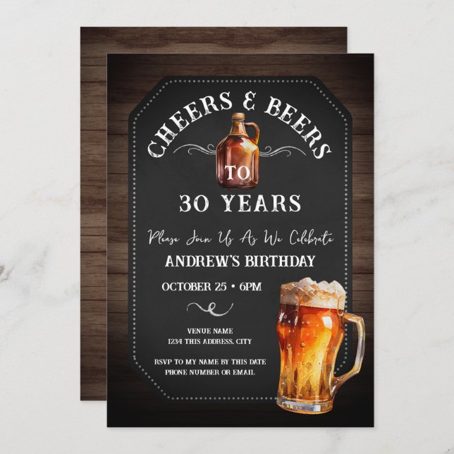 Invitación Cheers and Beers 30th Birthday Party (Anverso / Reverso)