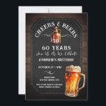 Invitación Cheers and Beers 60th Birthday Party Invitation<br><div class="desc">Cheers and Beers Birthday Invitations. Easy to personalize. All text is adjustable and easy to change for your own party needs. Chalkboard and rustic wood background elements. Fun Chalkboard swirls and flourishes. Watercolor beer mug. Invitations for him. Bar or backyard BBQ birthday design. Any age,  just change the text.</div>