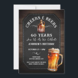 Invitación Cheers and Beers 60th Birthday Party Invitation<br><div class="desc">Cheers and Beers Birthday Invitations. Easy to personalize. All text is adjustable and easy to change for your own party needs. Chalkboard and rustic wood background elements. Fun Chalkboard swirls and flourishes. Watercolor beer mug. Invitations for him. Bar or backyard BBQ birthday design. Any age,  just change the text.</div>