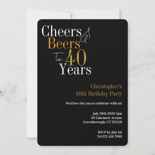 Invitación Cheers and Beers Black Gold 40th Birthday Party (Anverso)