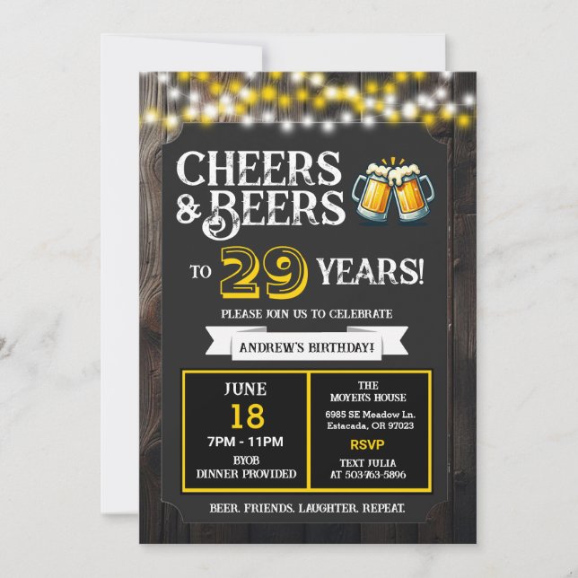 Invitación Cheers and Beers to 29 Years Backyard BBQ Birthday (Anverso)
