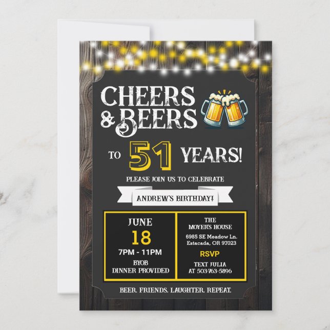Invitación Cheers and Beers to 51 Years Backyard BBQ Birthday (Anverso)