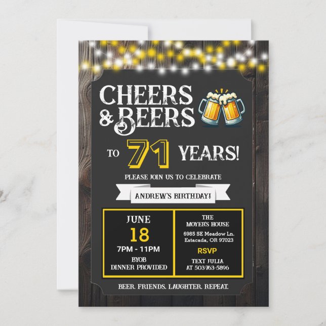 Invitación Cheers and Beers to 71 Years Backyard BBQ Birthday (Anverso)