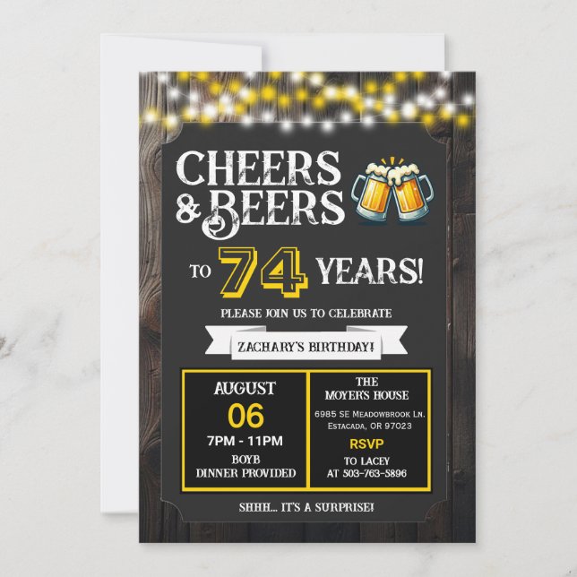 Invitación Cheers and Beers to 74 Years Surprise Backyard (Anverso)