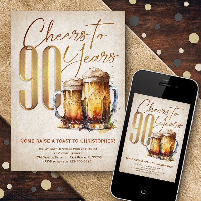 Invitación Cheers Beer Mens Gracioso cumpleaños 90 (Subido por el creador)