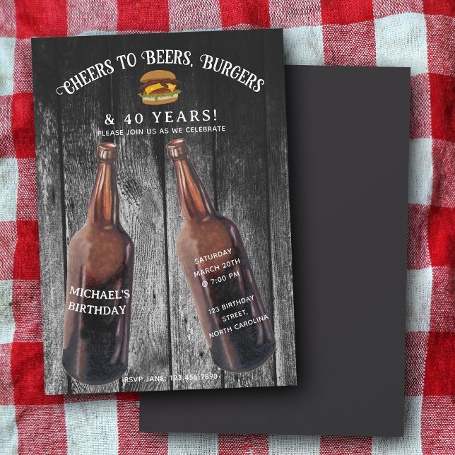 Invitación Cheers Beers Burgers 40th Beer Birthday Party (Cheers Beers Burgers 40th Beer Birthday Party Invitation)