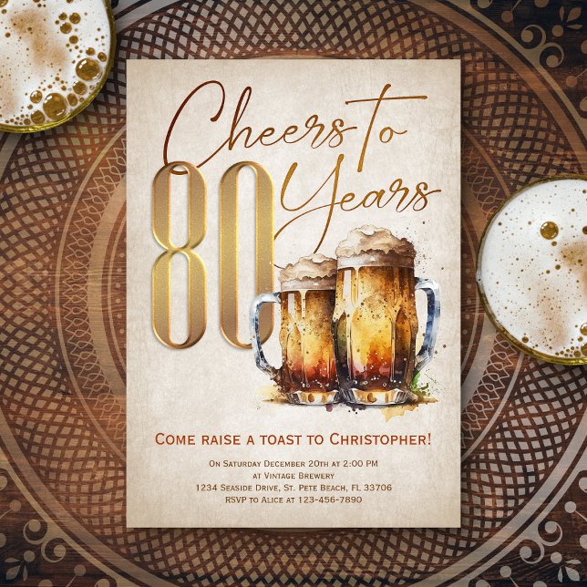 Invitación Cheers Beers Mens Funny 80 cumpleaños (Subido por el creador)