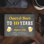 Invitación Cheers & Beers Milestone Birthday Party Invitation<br><div class="desc">Celebrate his milestone birthday with these festive party invitations featuring "cheers and beers to XX years" in white and golden yellow lettering on a brushed chalkboard background adorned with two beer mug illustrations. Personalize with your party details beneath. Example shown for 40th birthday.</div>