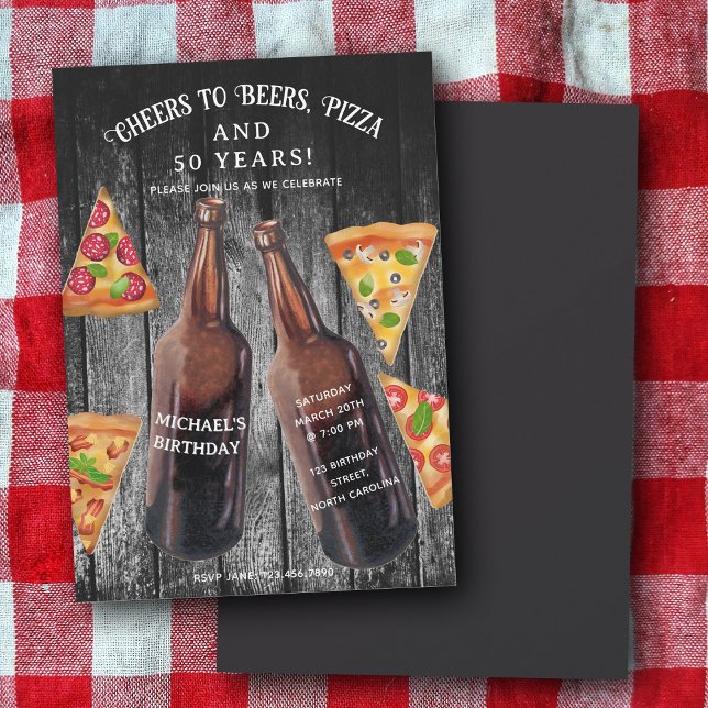 Invitación Cheers Beers Pizza 50th Beer Birthday Party (Cheers Beers Pizza 50th Beer Birthday Party Invitation)
