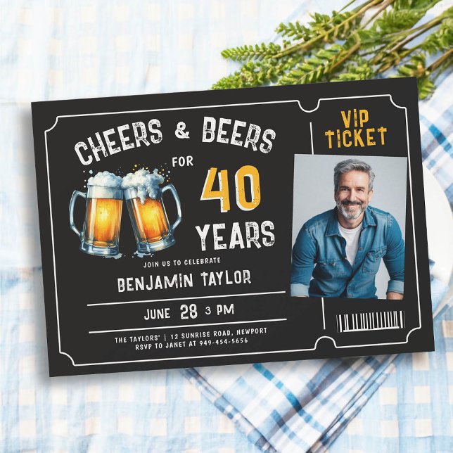 Invitación Cheers Beers Ticket Men Black 40th Birthday Photo (cheers and beers 40 years men birthday party invitation with photo black white orange ticket rustic)